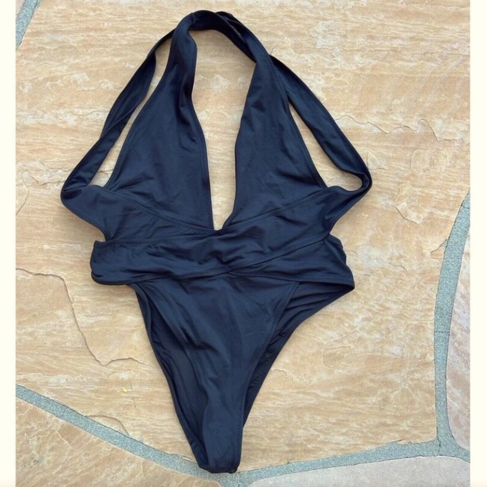 SKIMS Black One Piece Swimwear with Plunging V-Neck